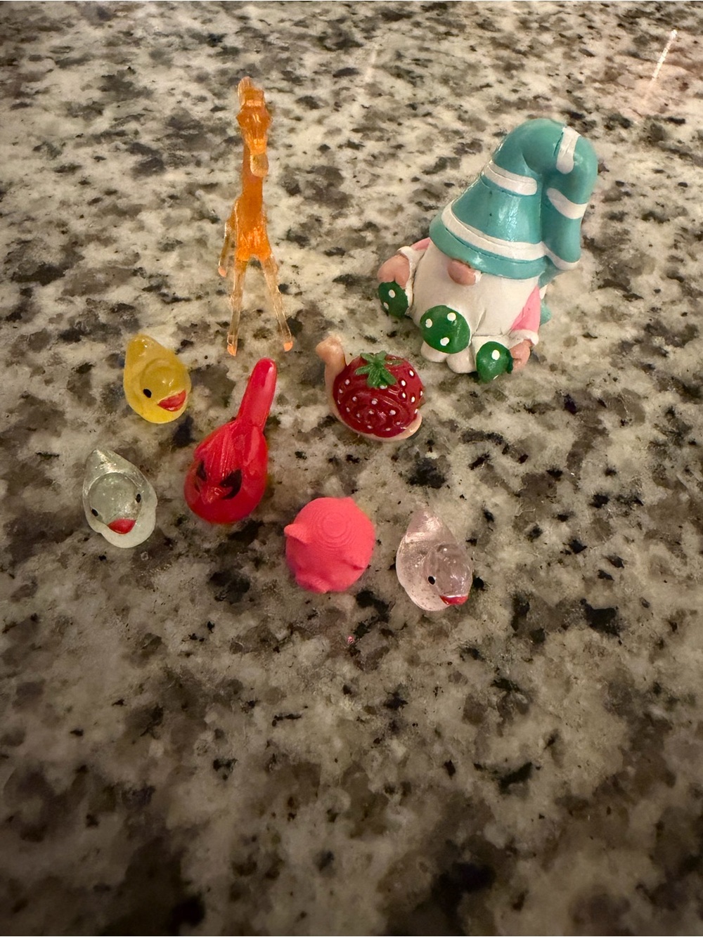 Teal & White Gnome with Assorted Small Colorful Figurines lot of 8